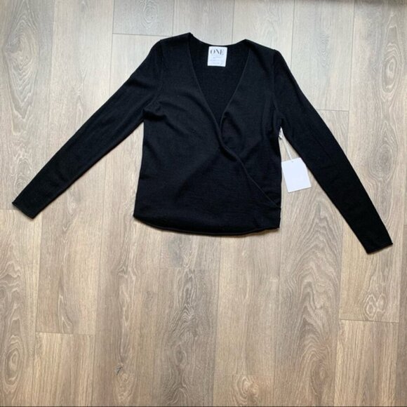 Revolve One Teaspoon Sweater Merino Wool Deep V Wrap Surplice neckline Black XS - Picture 2 of 13